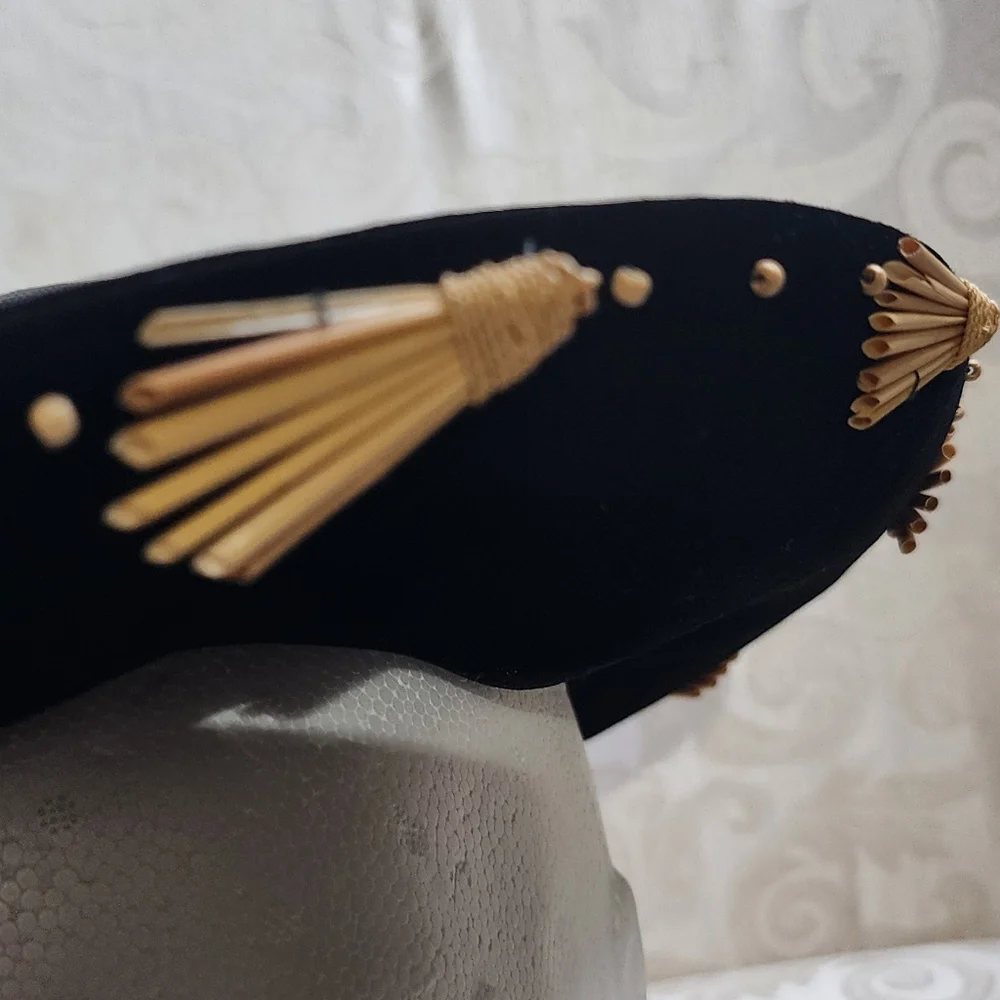 Stephen Anne Custom Black Velvet Straw Hat Wide Brim Gold Tassel Trim